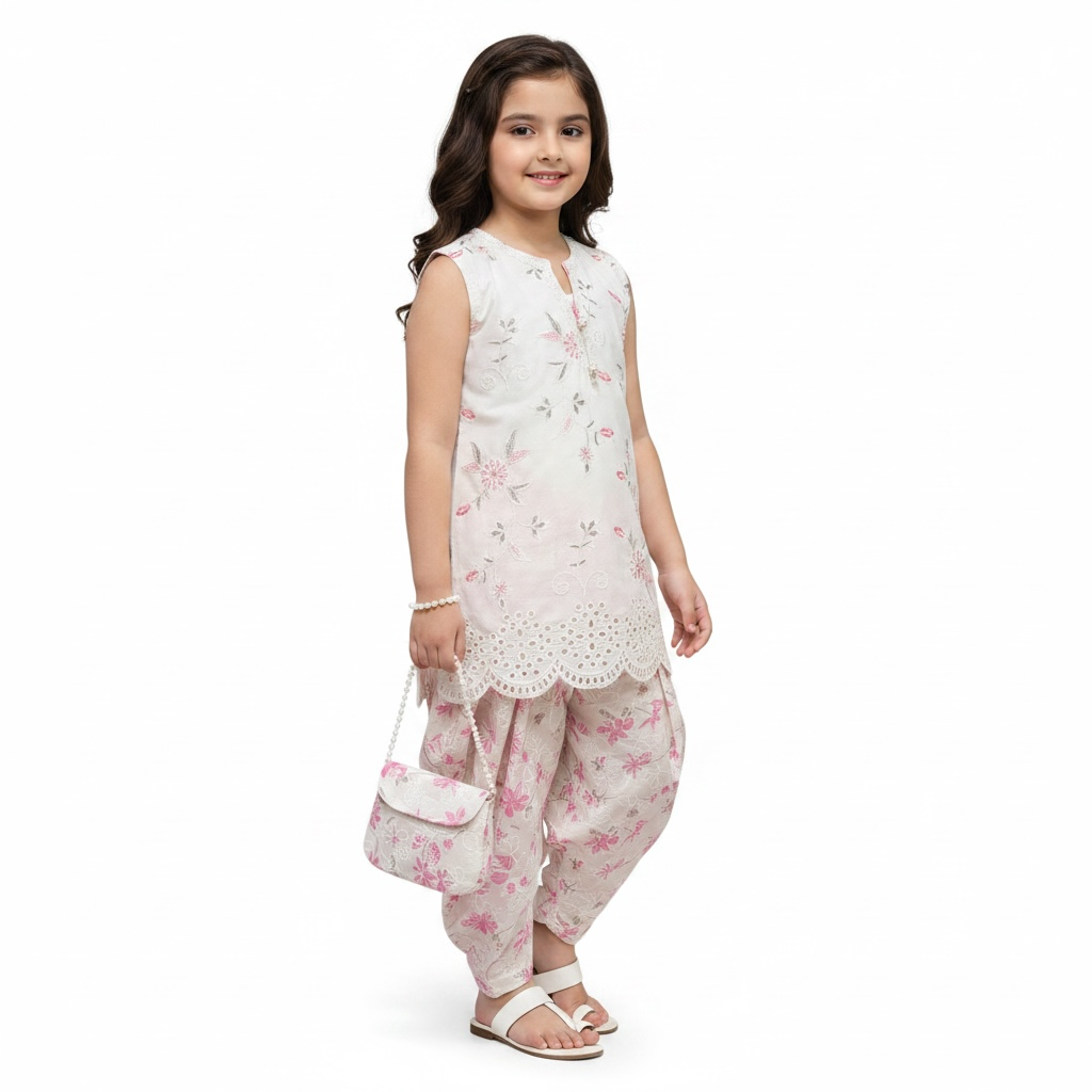 Embroided Shirt Printed Shalwar Set (3-Piece)  Sleeves Attached