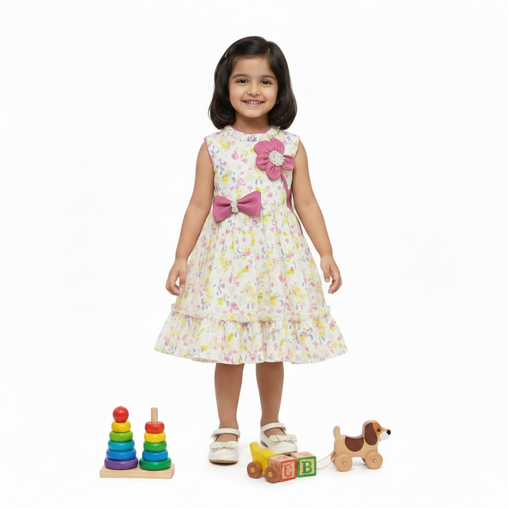 Girls Summer 3D Flower Printed Frock  Printed Tights