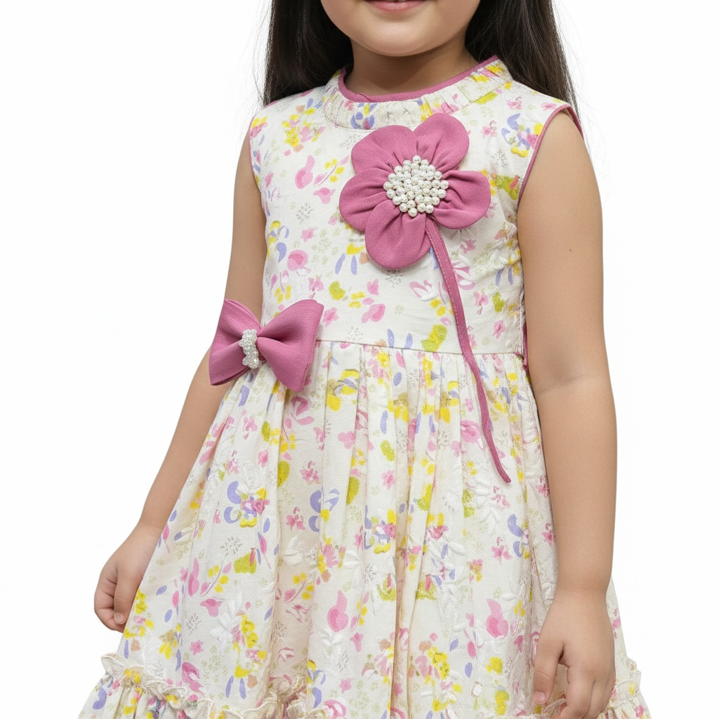 Girls Summer 3D Flower Printed Frock  Printed Tights