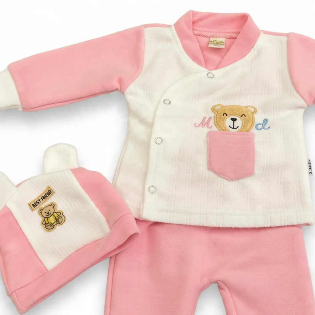 Pack of 2 – Baby Winter Outfit Set | 3-Piece Jacket, Pyjama & Cap | Pink & White