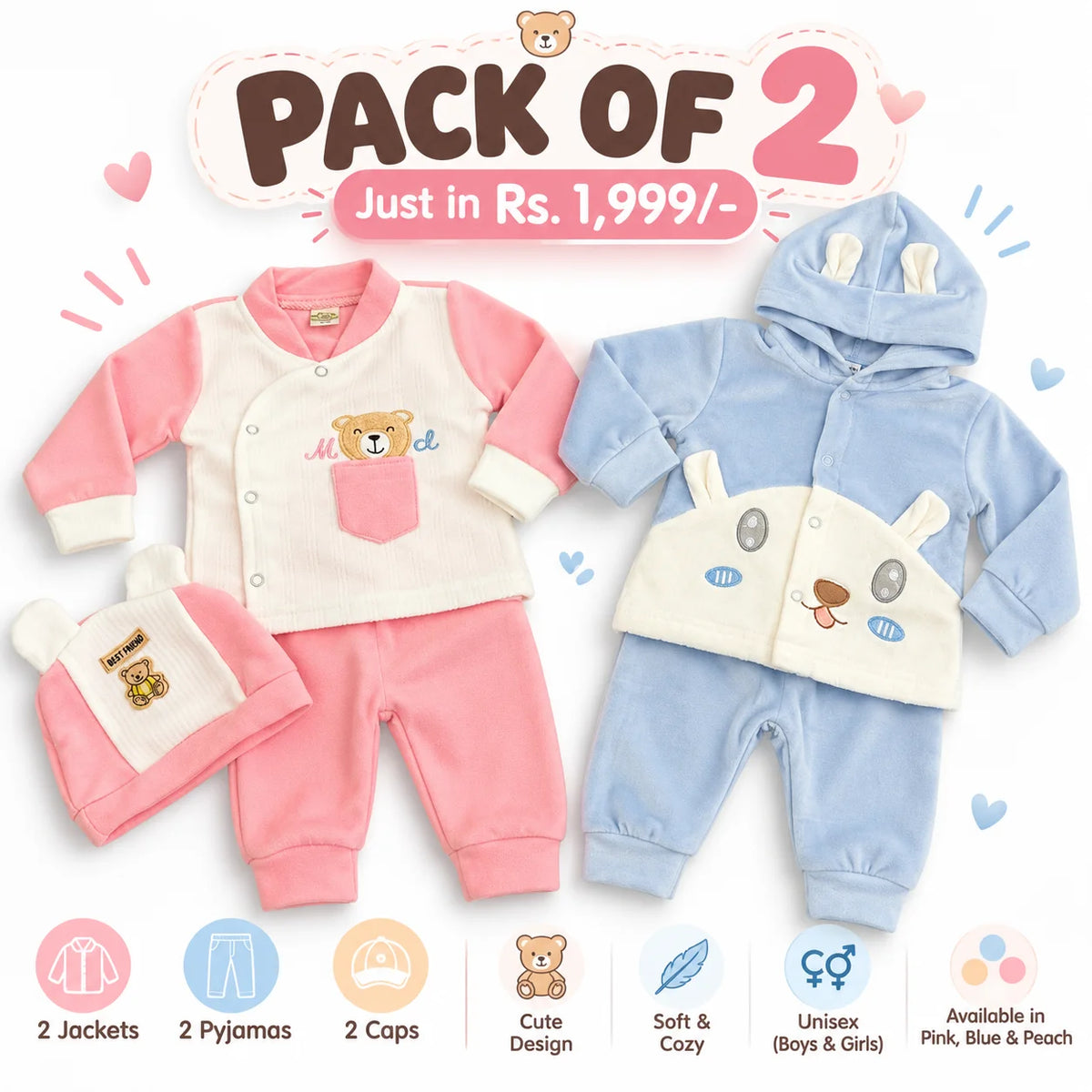 Pack of 2 – Baby Winter Outfit Set | 3-Piece Jacket, Pyjama & Cap | Pink & White