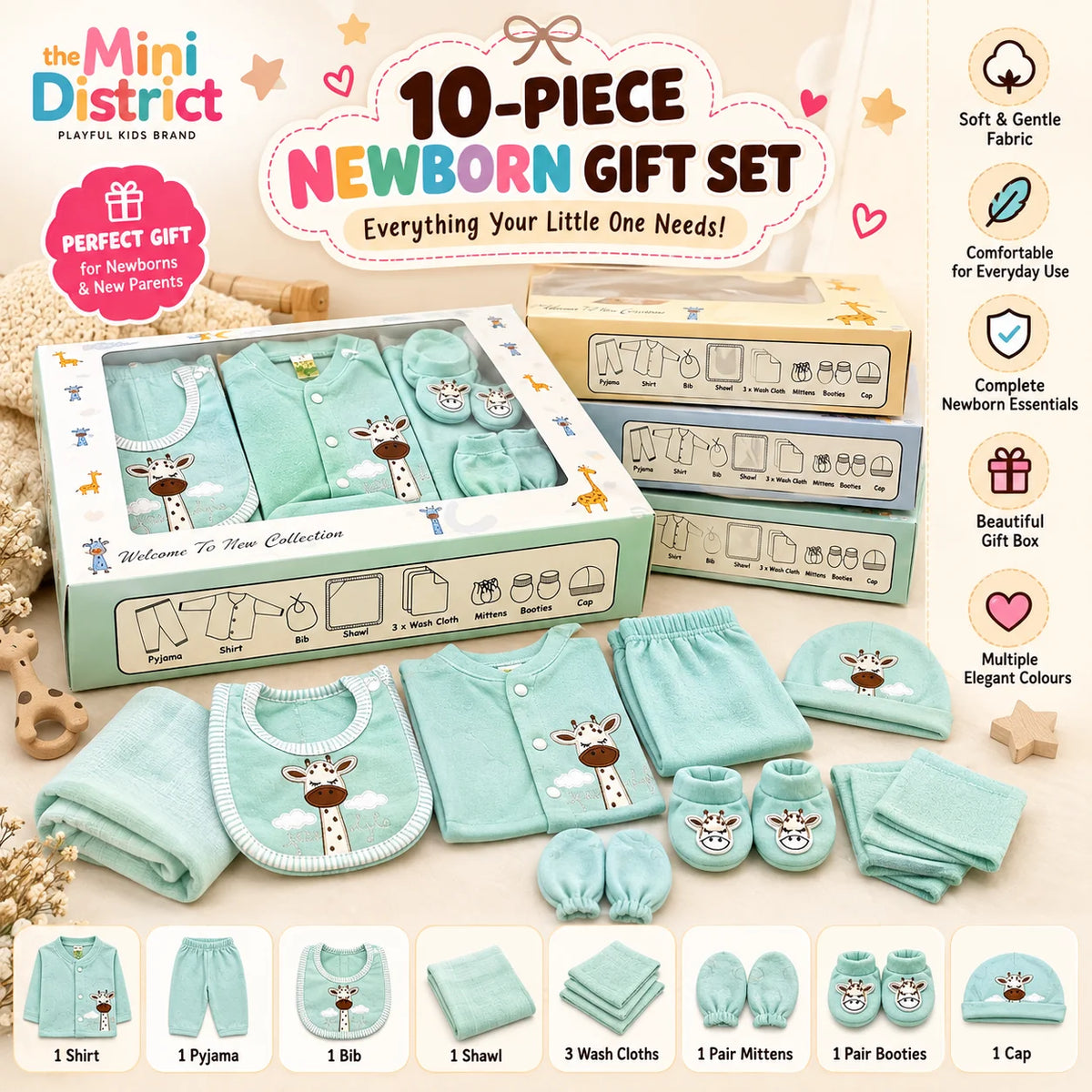 10-Piece Newborn Baby Gift Set | Shirt, Pyjama, Cap & Baby Essentials 🎁